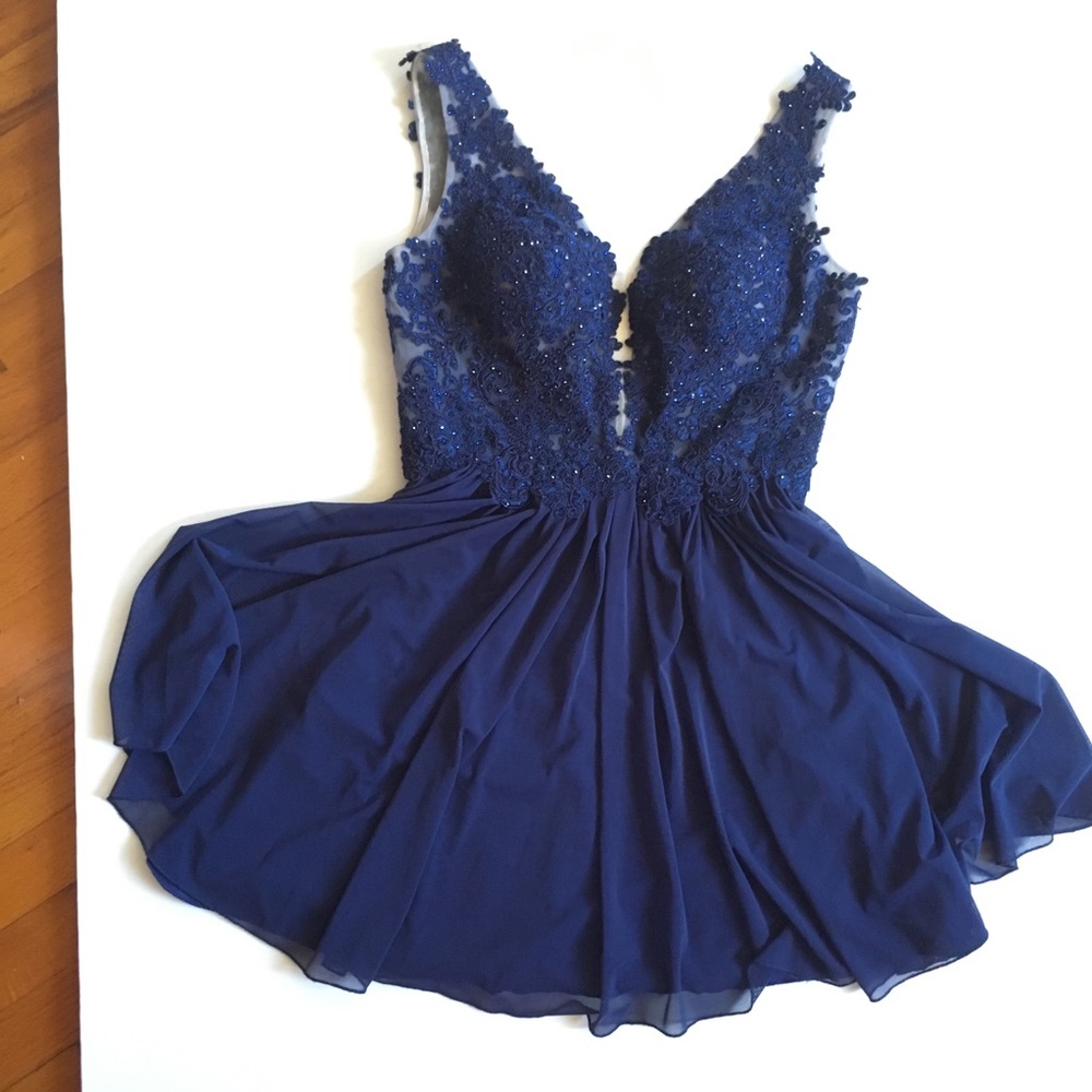 Sherri Hill formal dress dark blue lace bodice